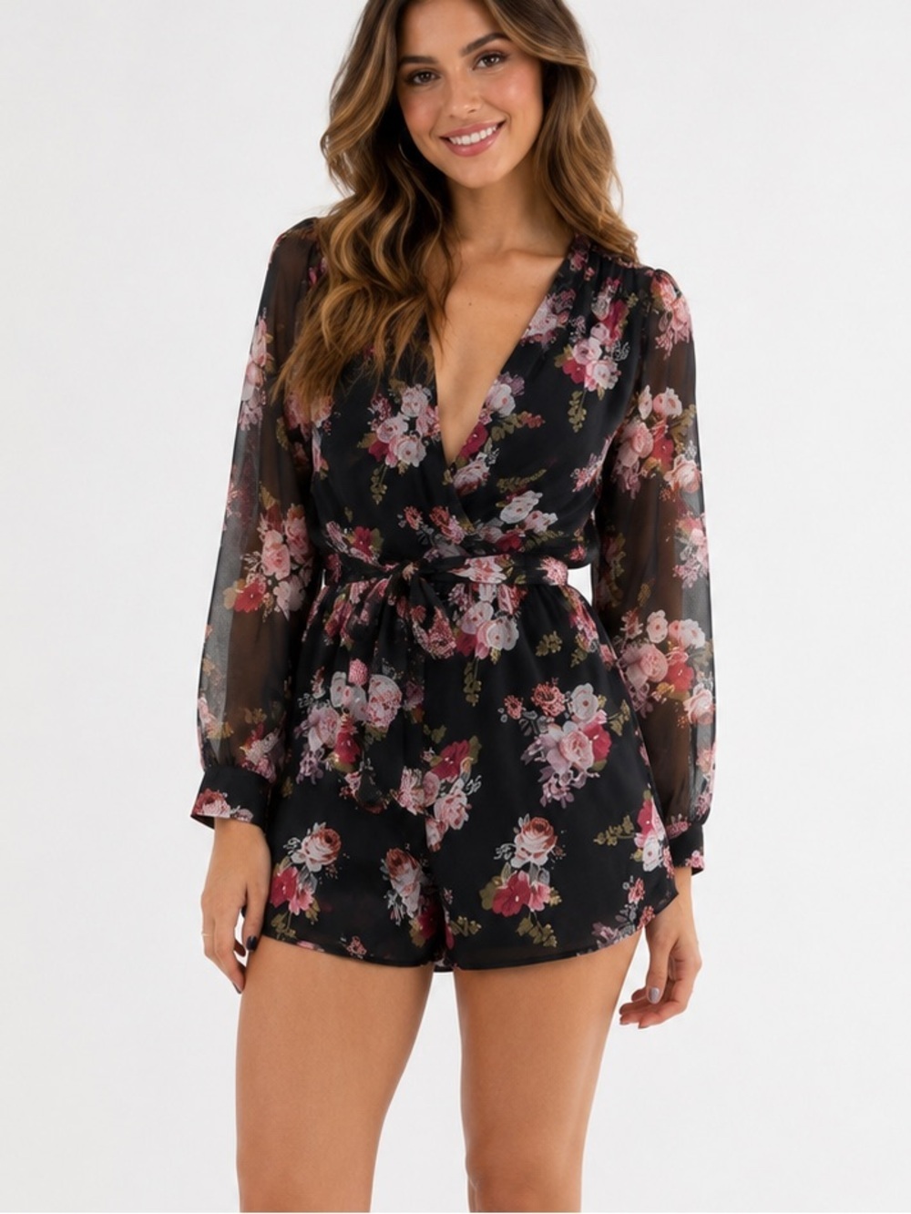 Tobi chiffon floral print faux wrap romper, long slit sleeve, lined, XS